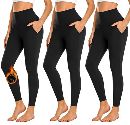 FuelMeFoot 3er Pack Thermo Leggings mit Taschen gefüttert Leggings Damen High Waist Leggins Warm Winter. 3 Pack-Schwarz/Schwarz/Schwarz L/XL