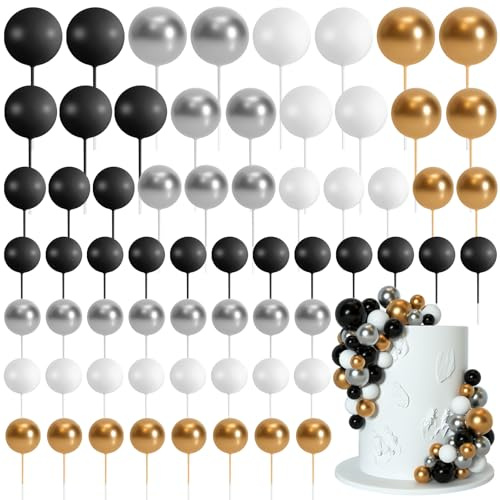 Bouiexye 75 palline decorative per torte, in schiuma, per cupcake, mini palloncini, decorazioni per torte, feste di compleanno, matrimoni (nero, oro, argento, bianco)
