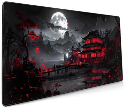 Schwarz-Rotes Japanisches Mauspad XXL 35,4 x 15,7 cm Design-Stil, verlängertes großes Gaming-Mauspad, rutschfeste Gummiunterseite, genähte Kanten, volle Schreibtischmatte für Heimbüro