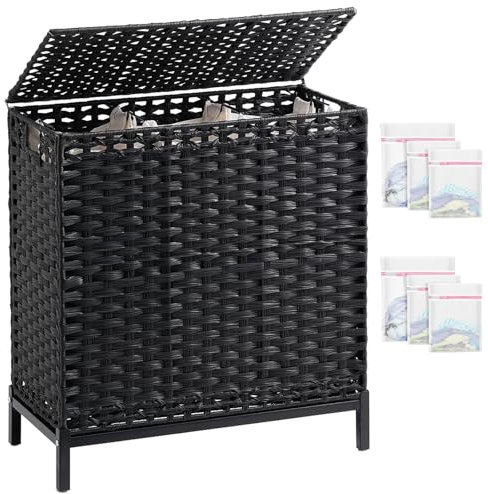 SETVSON Laundry Hamper with Lid, 35 Gal 3-Bag Clothes Sorter, Black