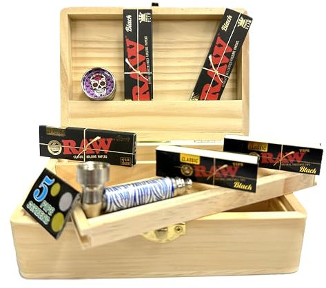 RAW Rolling Box 8-in-1 Smoking Gift Set with Black Kingsize Slim Papers, Metal Pipe & Accessories