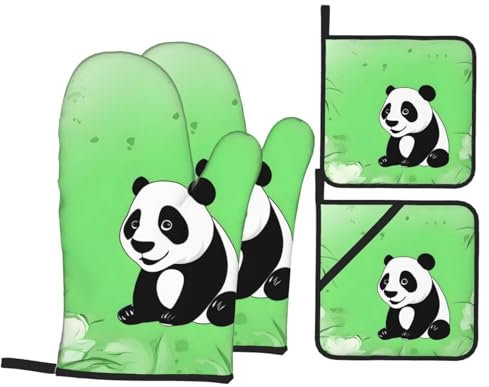 YYHWHJDE Set di 4 guanti da forno e presine con stampa di panda con sfondo verde: spessi e durevoli, antiscottatura e termoisolanti