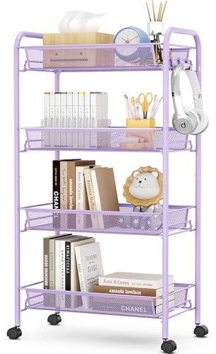 Urackify Carrello a rotelle a 4 piani multifunzione portatile da cucina per bagno, cucina e lavanderia. Metallo resistente alla ruggine, cestino a rete traspirante e ganci laterali inclusi, facile da
