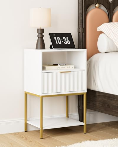 HEYZOEY Nachttisch, Nachttisch mit Goldrahmen,Nachttische Möbel, 3-Tier Lagerung Endtisch, Beistelltisch für Schlafzimmer, Wohnzimmer,Weiß