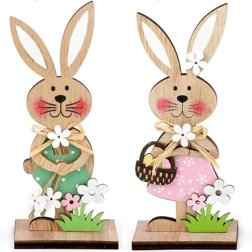 SansRealmL Conejos Pascua de Madera, Set 2 Conejo de Pascua Decorativo, Pascua Decoración para Jardín y Hogar, Elegante Adorno de Conejos para la Primavera