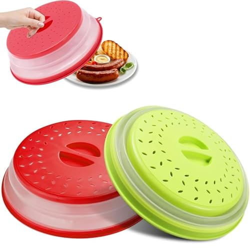 2Pack Collapsible Microwave Food Cover, Splatter Guard,Vented Microwave Lid for Food, BPA Free TPR, Dishwasher Safe (Red+Green)