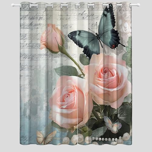 Curtains Eyelet Soft Thermal Insulated Blackout Curtains retro pink rose Print Pattern Ring Top Window Drapes for Bedroom Living Room W 29.5 x L 65 (2 Panels) pink