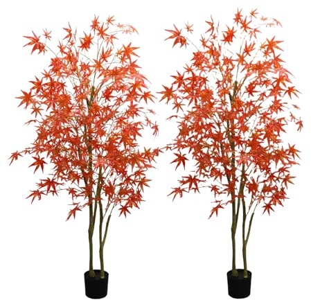 2 Stück Herbstlicher Kunstbaum Roter Ahorn, 180m Kunstpflanze Dekorativer KüNstlicher Baum Bonsai Aus Rotem Ahorn Für Den Innenbereich, KüNstlicher Ahorn Im Topf Als Wohndeko