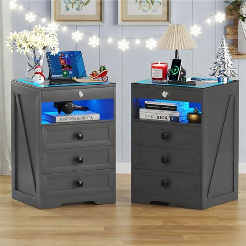 Gurexl Set of 2 LED Bedside Table with Hidden Drawer, Glass Top Bedside Table with Wireless Charger Station, LED Night Stand with Human Sensor Design, Modern End Table for Bedroom Living Room (Gray)