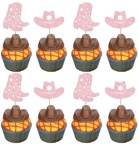 24 Stück Cowboy Cupcake Toppers Hut Stiefel Western Tortendeko Cowboy Geburtstag Kuchen Deko für Westliche Thema Baby Dusche Party Cupcake Dekorationen Rosa