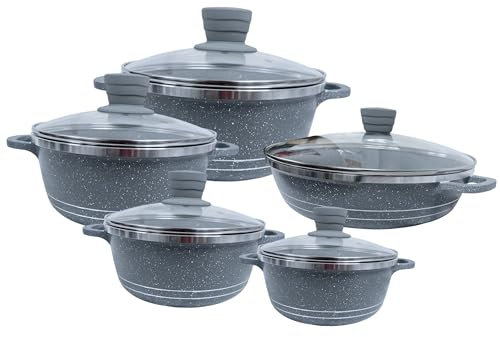 Reldor Die Cast Stockpot Set 5 Piece Non Stick Cooking Pot Casserole Set, Cookware with Non-Stick Marble Coating, Bakelite Knobs, Granite Cookware Pots – Suitable for Most Types of Hobs, Grey