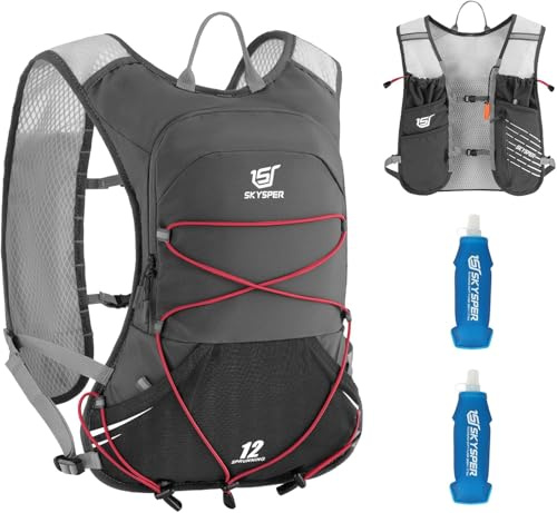 SKYSPER Chaleco de Hidratación Running 12L, Chaleco Ligero con 2 Botellas 500ML y Diseño Reflectante para Trail Maratón y Senderismo