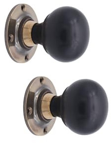 Infinity Decor Victorian Pure Ebony Bun Wood Mortice Rim Door Knobs Pull Handles on Aged Brass Rose Plate 60mm – Ideal for Interior & Exterior Use