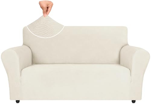 Ystyle Weicher Elastisch Sofabezug 2 Sitzer, Creme | Sofaschoner Rutschfest, Universaler Couch Überzug mit Armlehnen, Moderne Sofa Cover, Waschbarer Sofahusse für Wohnzimmer