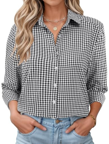 LOMON Womens Long Sleeve Button Down Shirts Cotton Gauze Tops Loose Fit Casual Collared Blouses Black and White Plaid L