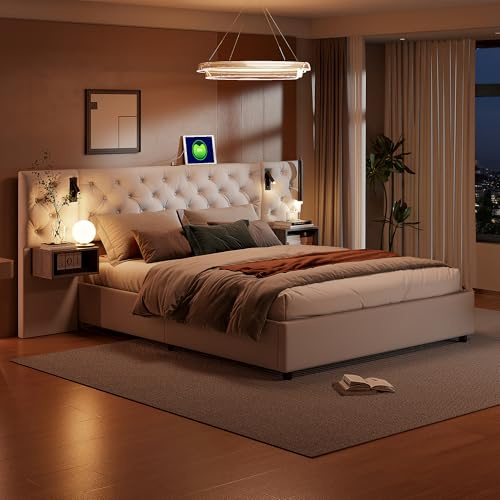 BRILVERDE Polsterbett 140x200 mit Stauraum unter Bett, Doppelbett mit 2 Leselampe, Stauraumbett, Extrabreiter Kopfteil mit 2 Nachttischen, Bettgestell mit Lattenrost, Samt (Beige, 140x200 cm)