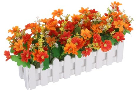FONDOTIN Lifelike Fake Chrysanthemum Potted Plants UV Resistant Artificial Flowers in Decorative Fence Pot Pre Arranged for Indoor Outdoor Table Porch Garden Wedding Centerpiece Display