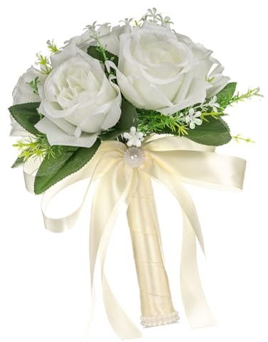 FROMCEO Rosa artificiale Bianco Bouquet Da Sposa Fiore Bouquet Per La Festa di Nozze Matrimonio Matrimonio Moderno Tema Bianco Set