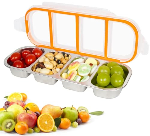 Snackbox Edelstahl mit 4 Fächern, Snackdose mit Deckel, kleine Bento Box | Auslaufsichere Edelstahl-Snackdose mit Deckel, 500ml, wiederverwendbar und ideal für Schule, Arbeit & Picknick