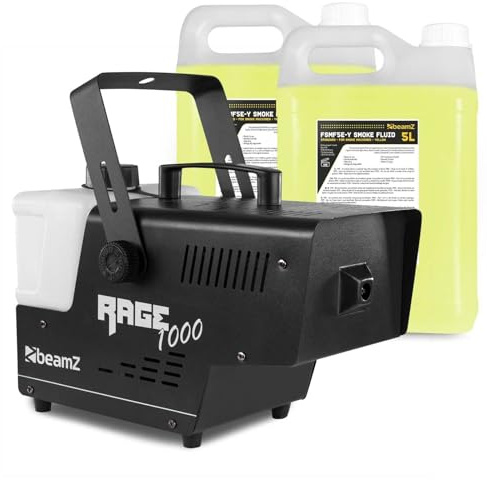 BeamZ RAGE1000 Machine à Fumée 1000W avec Réservoir 2L + Bidon de Liquide 10L, Télécommande Sans Fil et Filaire 3m, Étrier de Montage, Design Solide, Idéale pour une Soirée jusqu’à 70 m²