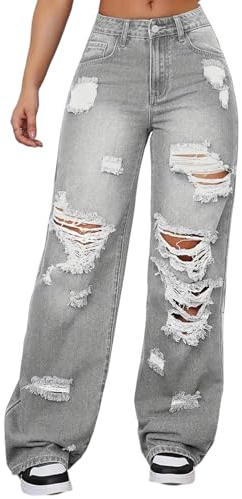 SHINFY Women's High Waisted Wide Leg Ripped Jeans Y2K Baggy Boyfriend Jeans Distressed Denim Pants Grey