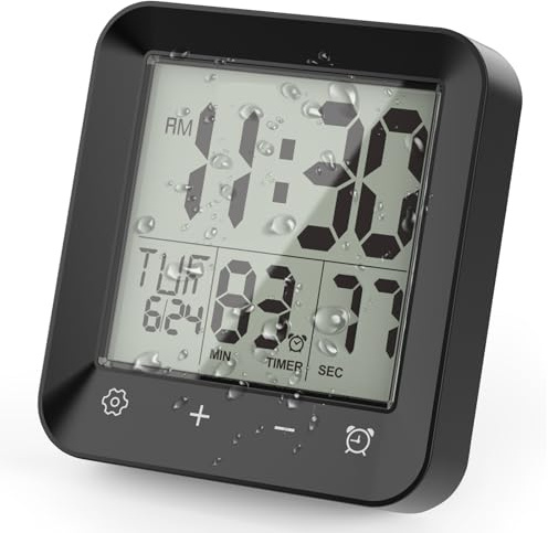 ALLOMN Reloj de ducha digital, resistente al agua, temporizador con alarma de cuenta regresiva, indicador de temperatura, reloj de baño táctil, reloj de ducha con ventosa, soporte para niños y adultos