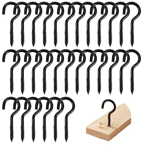 Ztolbriy Schraubhaken M6-30 Stück Kohlenstoffstahl-Schraubhaken Schwarz, 50mm Deckenhaken zum Schrauben, Robuste Haken für Hängematten, Sessel, Kabel, Markisen und Wände/Decken