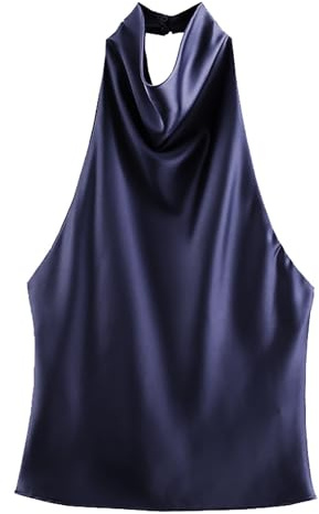 Top de mujer en seda satinada lujosa con cuello halter, drapeado, espalda descubierta elegante, sin mangas, fluido y glamuroso, perfecto para salidas y ocasiones especiales chic, azul marino, L