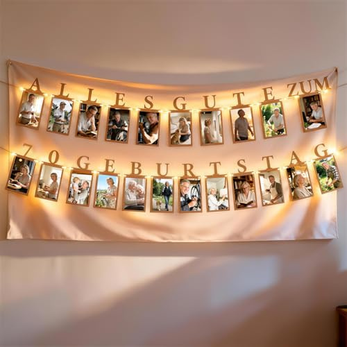 TUZELITY Fotogirlande 70. Geburtstag Deko Männer Frauen– 70. Geburtstagsdeko Fotogirlande für Geburtstagsparty – Alles Gute zum 70. Geburtstag Girlande inkl. LED-Lichterkette