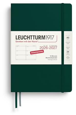 LEUCHTTURM1917 Veckokalender 2027 medium (A5) – tyska, skogsgrön, inbunden 145 x 210 mm, 18 månader – 07. 2026-12.2027, 1 vecka per dubbelsida, 80 g/m² papper med hög bläckkompatibilitet