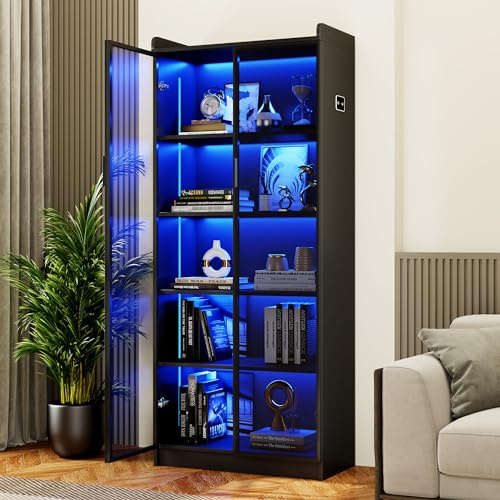 FREDEES Display Cabinet with 2 Doors and Adjustable Shelf, 165CM, Black