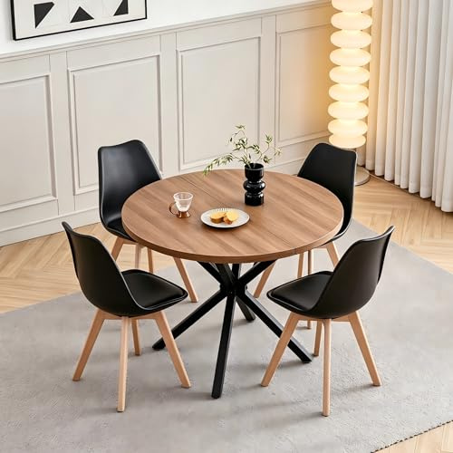 DEYARNA HOME Juego de Comedor, Mesa Redonda 100 cm con 4 Sillas Escandinavas, Patas de Haya Maciza de Cojín de Cuero Sintético para Cocina, Comedor, Salón y Oficina (Negro+Madera Oscura)