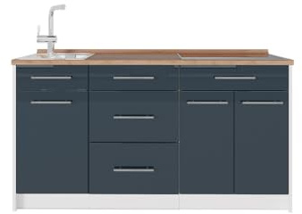 Vicco Köksblock Fame-Line, Mörkblå högblank/Vit, 150 cm, AP Oak, för individuell expansion med kompatibla moduler