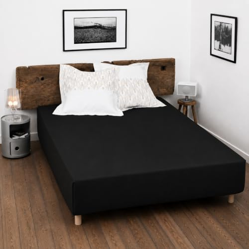Spannbettlaken, 100% Baumwolle, 57 Fäden/cm², Größe 160 x 200 cm, Schwarz, Spannhöhe 25 cm, dicht gewebt, weich, atmungsaktiv, waschbar