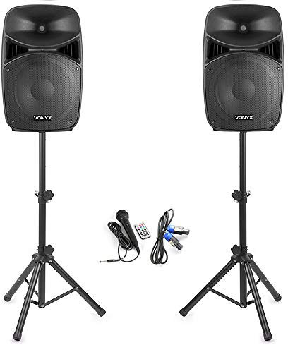 Vonyx VPS122A 12 Bluetooth Active Party Speaker System with LED Lights, Active/Passive Speaker Pair with Speaker Stands & Microphone - Ideal for Home Audio, Parties, DJ Events & Karaoke Nights
