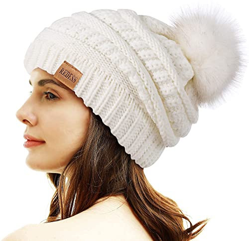 REDESS Damen Winter Pom Pom Beanie Mütze mit warmem Fleece gefüttert, Dicker Slouchy Snow Knit Chunky Baggy Skull Ski Cap