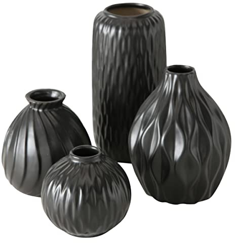 Boltze Vase Zalina 4-teilig Schwarz Keramik Blumenvase für Blumen Trockenblumen Pampasgras Höhe 9-15 cm Vasen-Set
