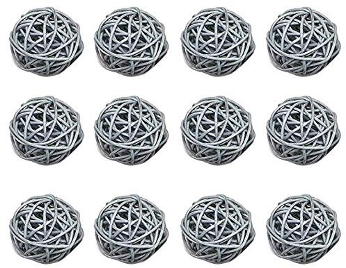 Worldoor Set mit 12 Rattan-Kugeln aus Rattan, für Tisch, Hochzeit, Party, Weihnachtsdekoration (Grau, Durchmesser 6 cm)