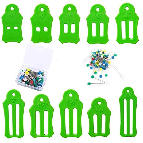 YICBOR 10pcs Multi-Sizes Folding Fabric and Biasing Strips Roll Tool Set with 100pcs/BOX Multi-Color Flower Head Pins Quilting Pins (Green)