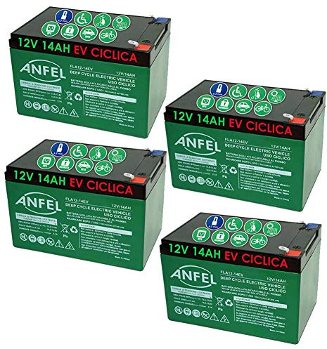 KIT 4 BATTERIE AL PIOMBO RICARICABILE 12V 48V 14AH CICLICA USO CICLICO BICI BICICLETTE ELETTRICHE MONOPATTINI QUAD ELETTRICI TRAZIONE ELETTRICA CONNETTORI F2 6,35mm DEEP CYCLE 6-DZM-14 6DZM14