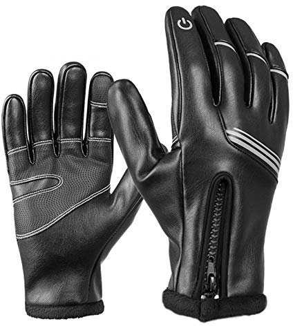 Herren Winterhandschuhe, Fahrradhandschuhe, Laufhandschuhe, Touchscreen-Fahrhandschuhe, rutschfeste Warme Sporthandschuhe Aus Leder (Black Leather,M)