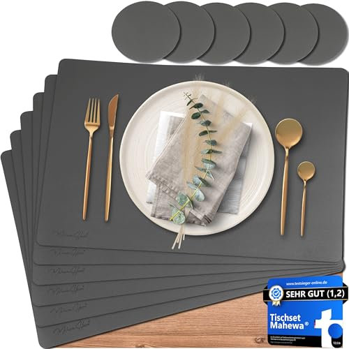 Mahewa® 6er Set Premium Tischset aus Kunstleder - Platzset abwaschbar und wasserdicht - Platzdeckchen Telleruntersetzer in Lederoptik (Dunkelgrau, Eckig)