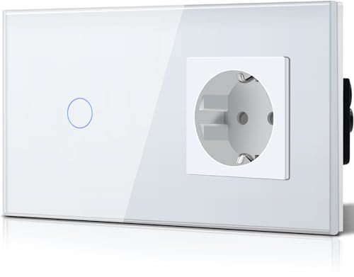 BSEED Touch Lichtschalter mit Steckdose aus Glas, Modern Steckdosen Unterputz, Wandschalter mit LED Hinterlicht (Kein Neutralleiter erforderlich), Kein WLAN, 157mm 1 Fach 1 Weg Weiß