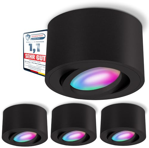 SSC-LUXon 4er Set CELI-1BM Aufbauspot flach schwenkbar schwarz mit WLAN Smart RGB LED Lampe - Deckenspot kompatibel mit Alexa, Siri & Google
