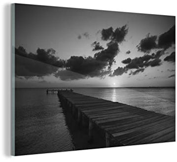 MuchoWow Glasbild Glasfoto Wandbild Bilder Deko 120x80 cm Holzsteg am Karibischen Meer, Mexiko - Schwarz und weiß