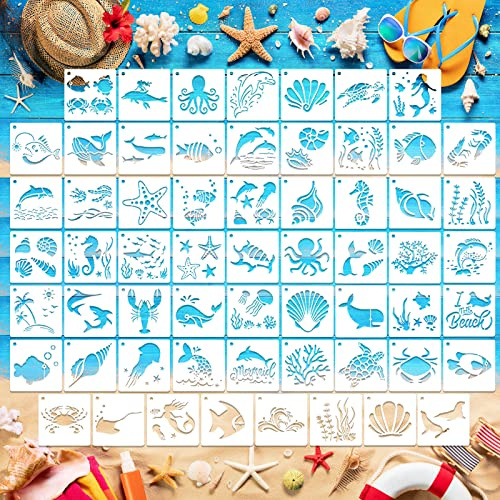 MWOOT 60 Piezas Mar Tema Stencil Plantillas Pintura, Reutilizable Painting Templates Kit con Sirena Conchas Diseño, DIY Sea Dibujo Plantillas para Pintar Madera Pared Inicio Decoración (7.6x7.6cm)