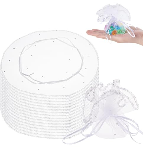 nbeads 100 Stück Organza Taschen, Durchmesser 26 cm Runde Kordelzug Organzabeutel Schmuck Geschenkbeutel Mit Pailletten Für Geburtstag Hochzeit Party Taufe, Weiß