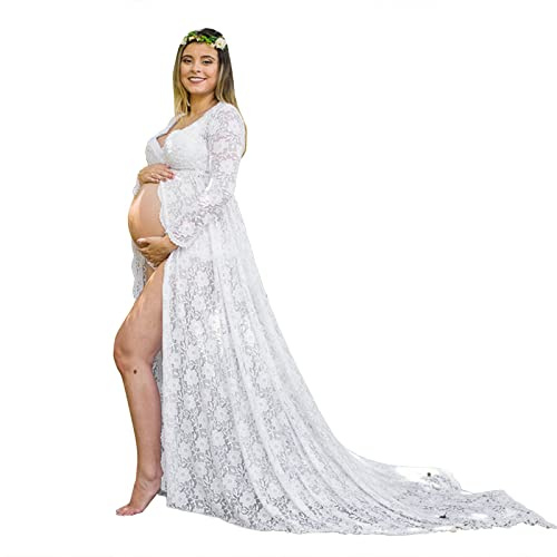 Vuncio Robe Maternité Shooting Photo Dentelle Col en V Sexy Manches Longues Robe Grossesse Mariage Ceremonie Soiree Cocktail Chic Et Elegant Robe Femme Enceinte Grande Taille Pas Cher