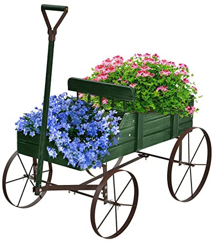 GYMAX Scaffale Porta Piante, Carrello Fioriera da Giardino, in Legno di Abete e Ferro con 4 Ruote e Manico Regolabile, 62 x 34 x 61 cm (VERDE)