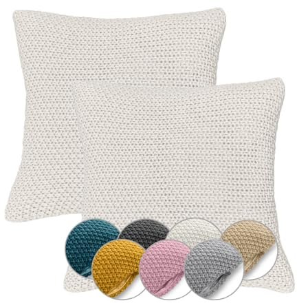 wometo 2er Set Kissenbezug Strick 45x45 Oeko-TEX Reißverschluss weiß wollweiß